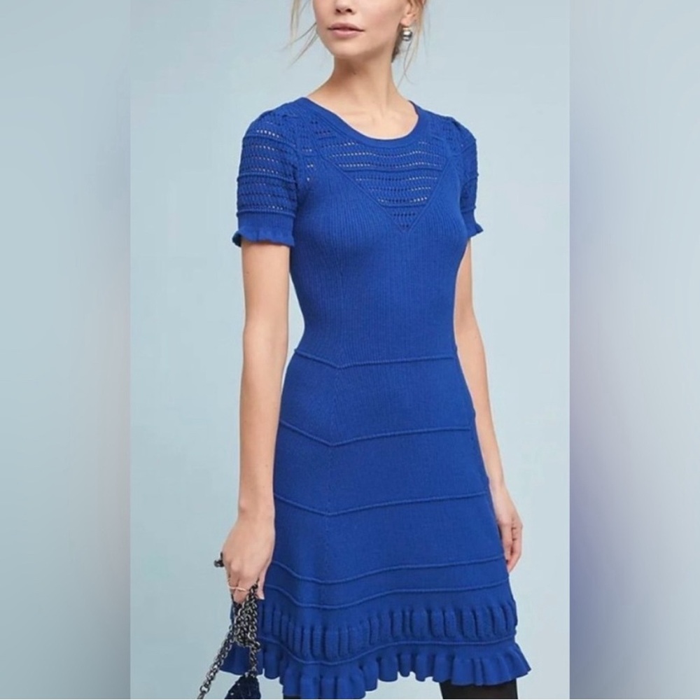 Maeve Anthropologie Medium Cobalt Blue Knit Flare Sweater Crocheted Dress